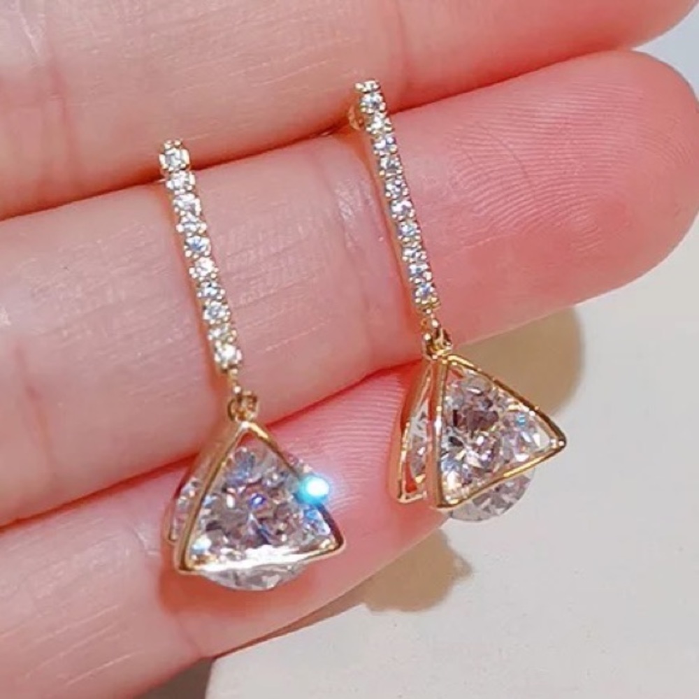 NEW - Exquisite 14K Gold Plated Geometric Crystal Pave Drop Earrings